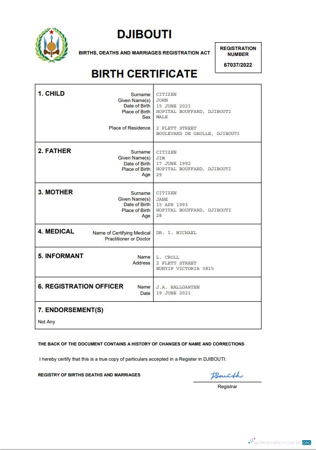Download Djibouti birth certificate Word and PDF template Photoshop template